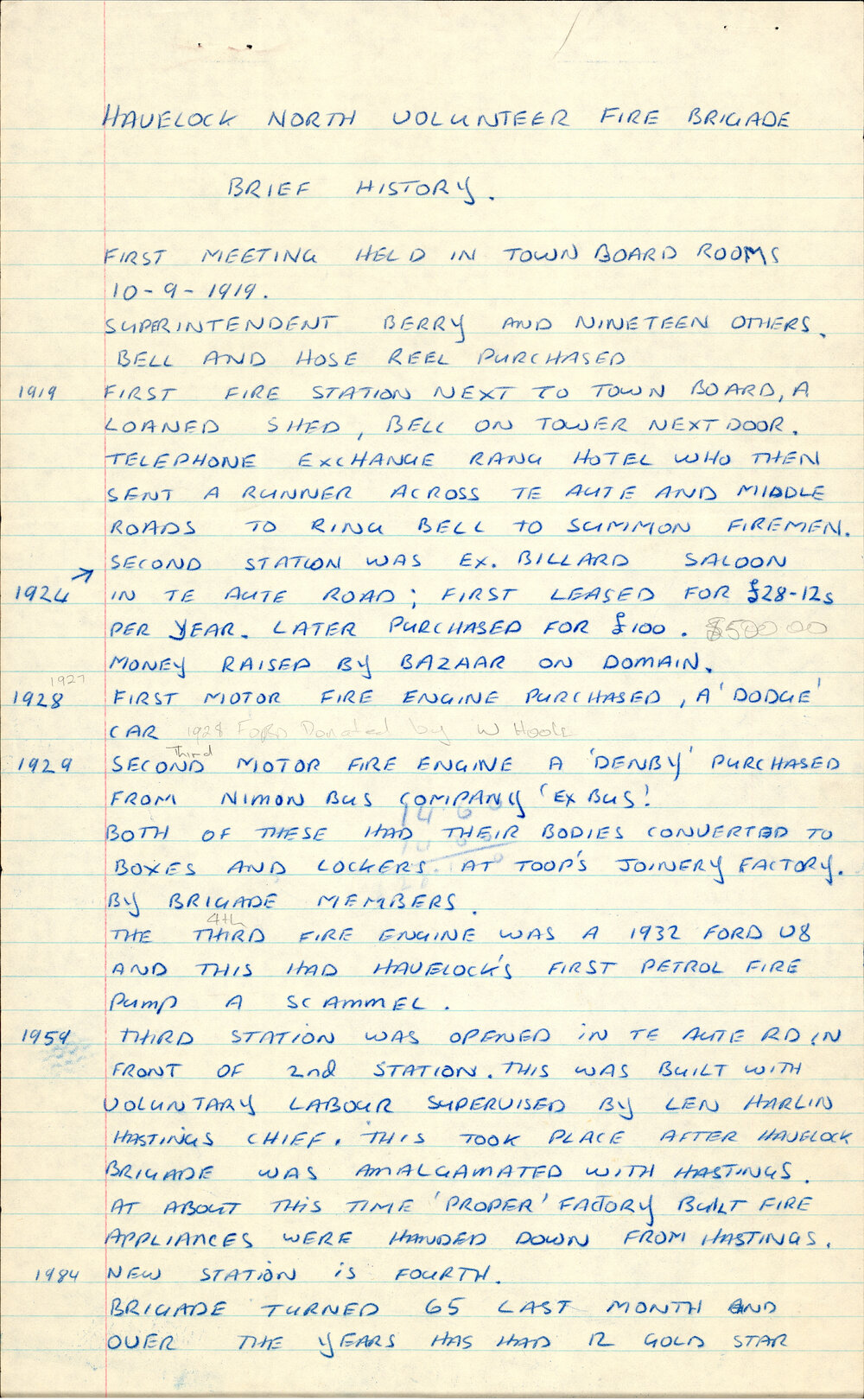 Havelock North Volunteer Fire Brigade - Brief History