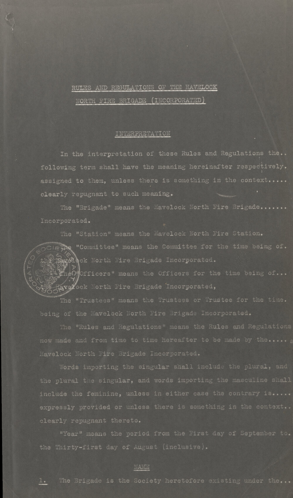 Rules and Regulations of the Havelock North Fire Brigade