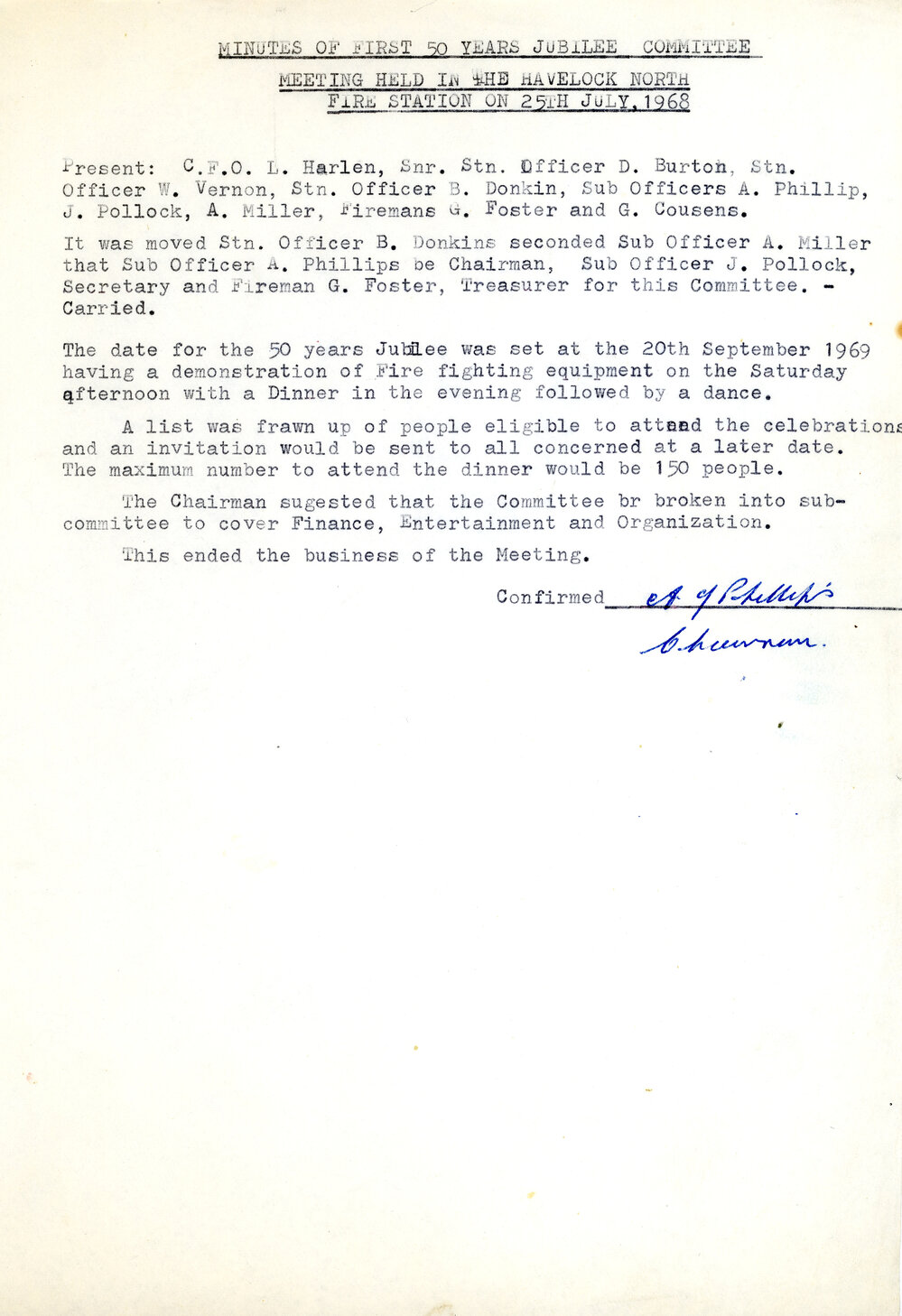 Havelock North Volunteer Fire Brigade Jubilee Minutes