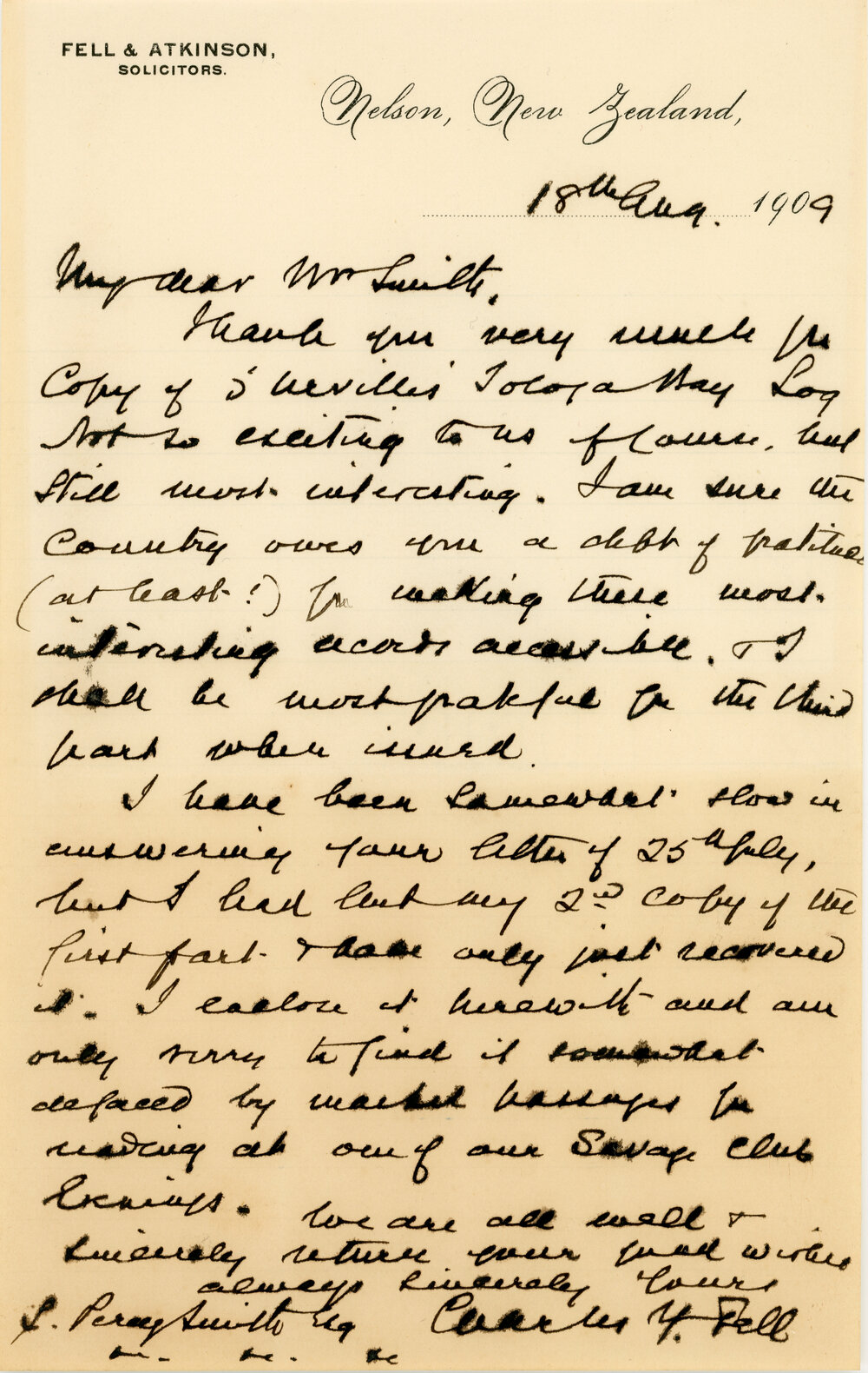 Letter to S. Percy Smith from Charles Fell