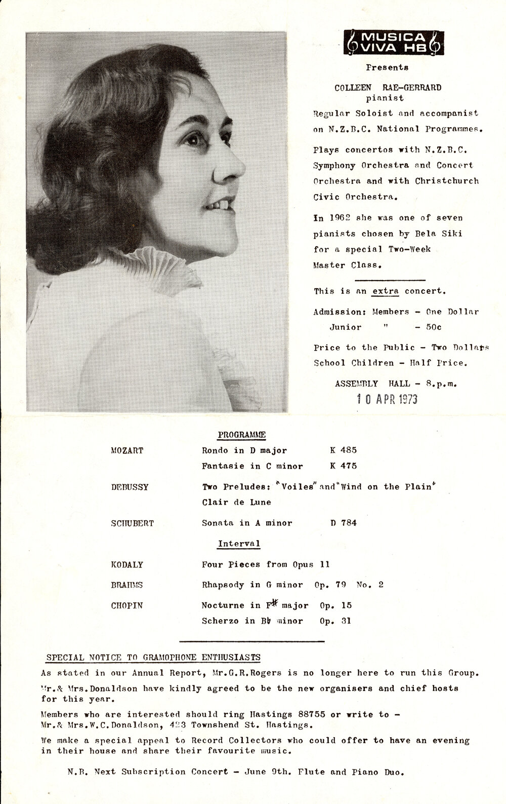 Colleen Rae-Gerrard Concert Programme