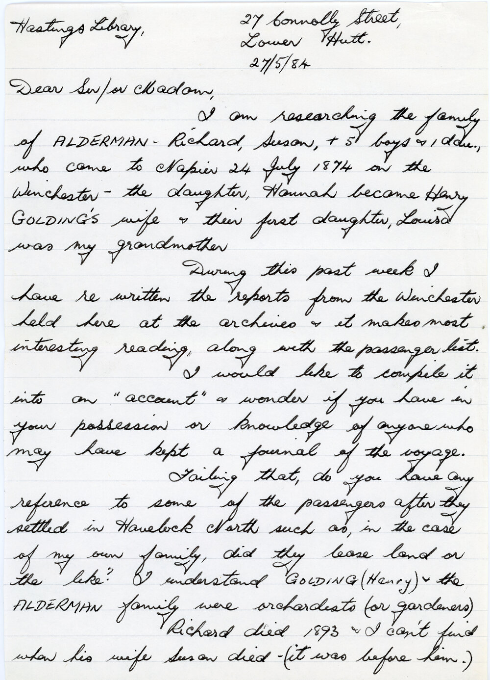 Letter to Hastings Library from Shirley Wakelin