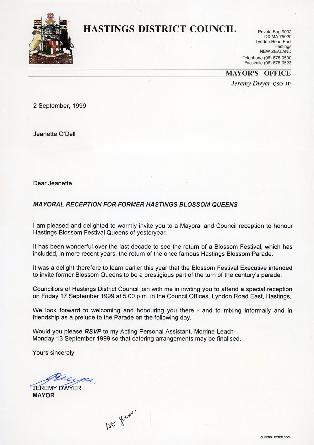 Letters to Jeanette Odell from Jeremy Dwyer