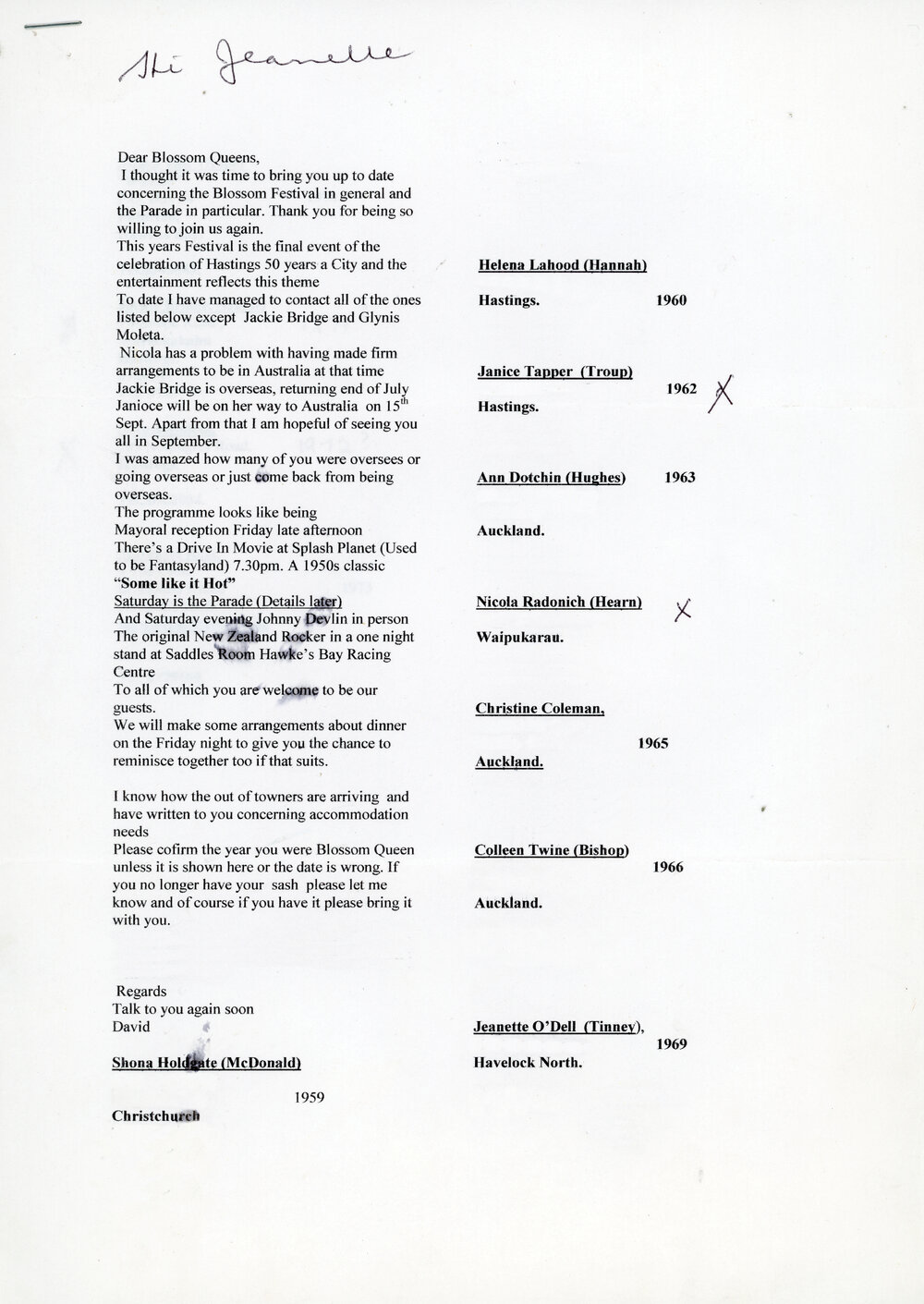 Letter to Past Blossom Queens