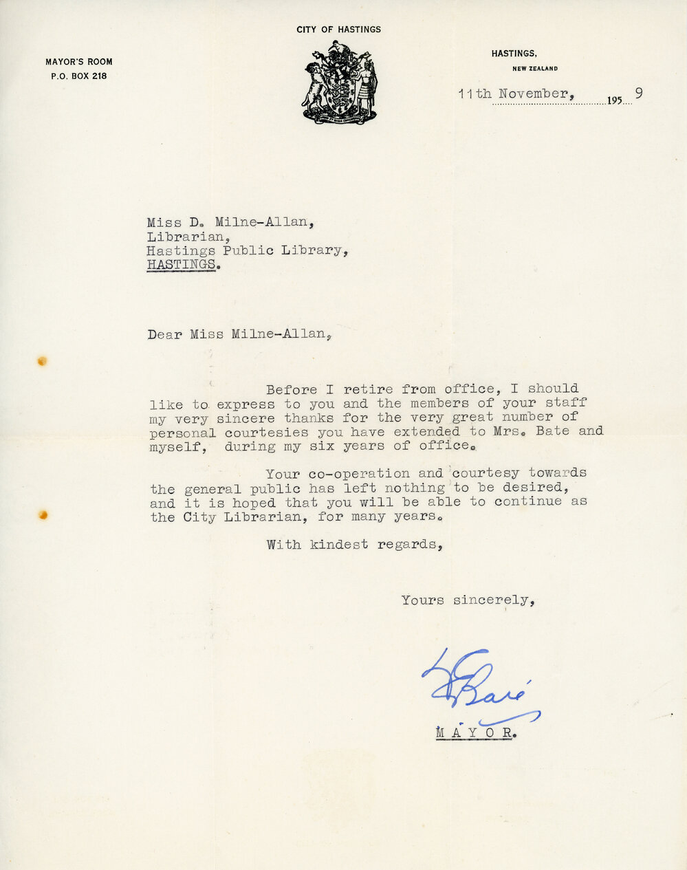 Letter to D Milne-Allan from Mayor