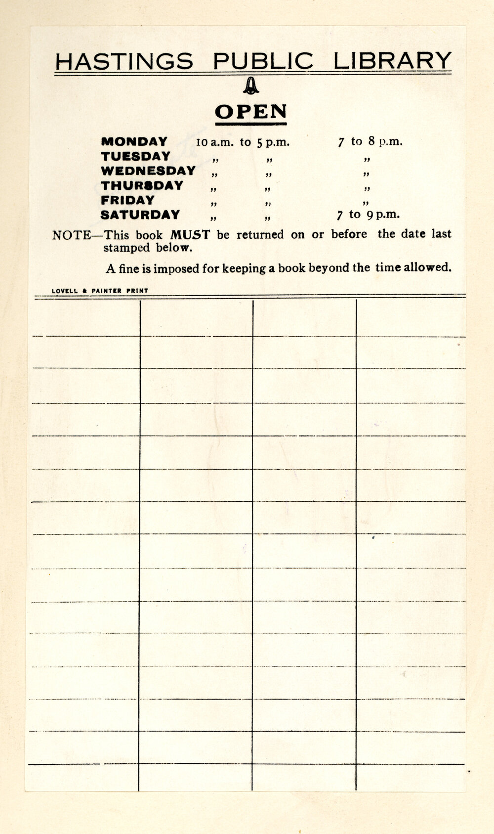 Hastings Public Library Date Stamp Slip