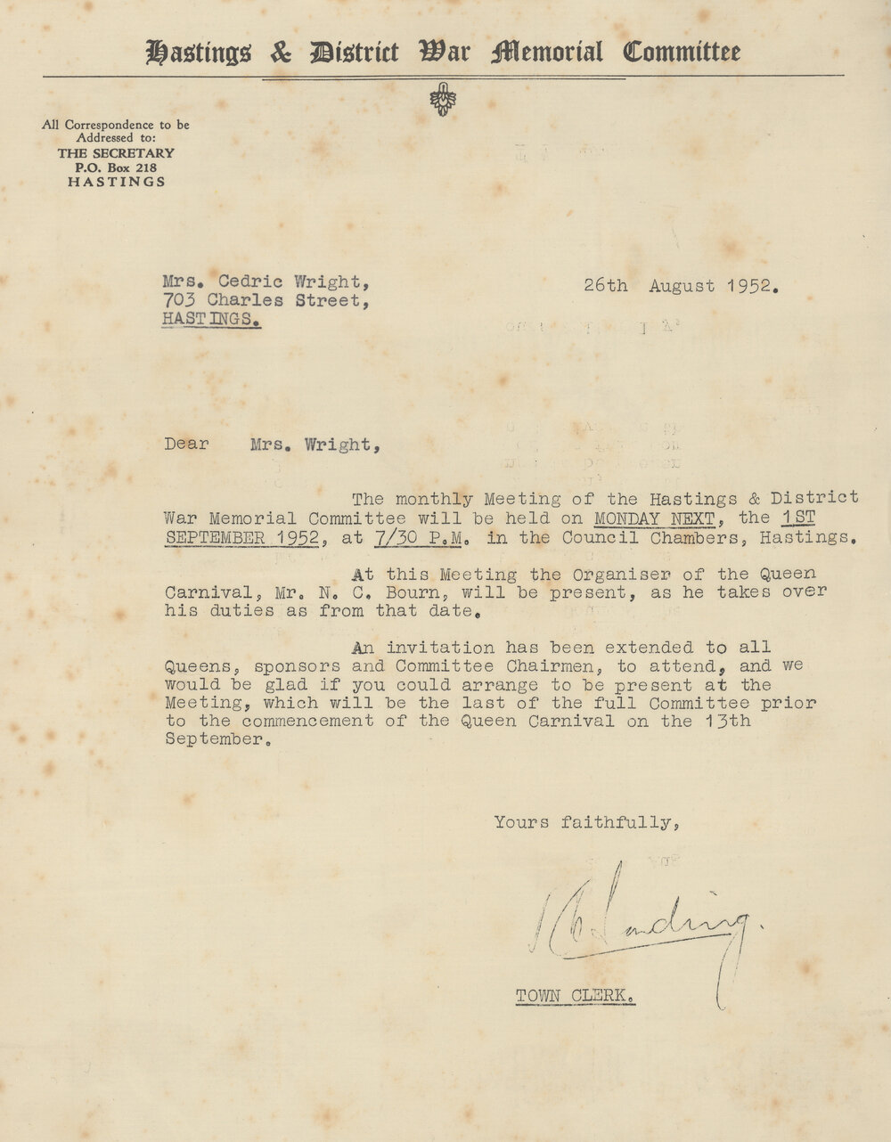 Hastings and District War Memorial Committee Letter