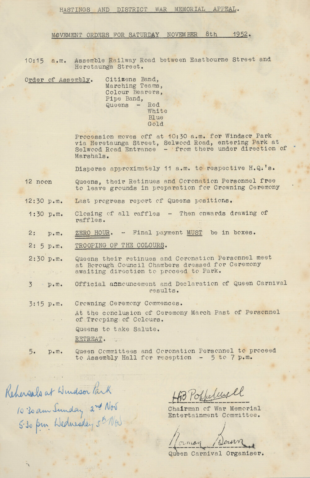 Movement Orders for Crowning Ceremony of the 1952 Carnival Queen