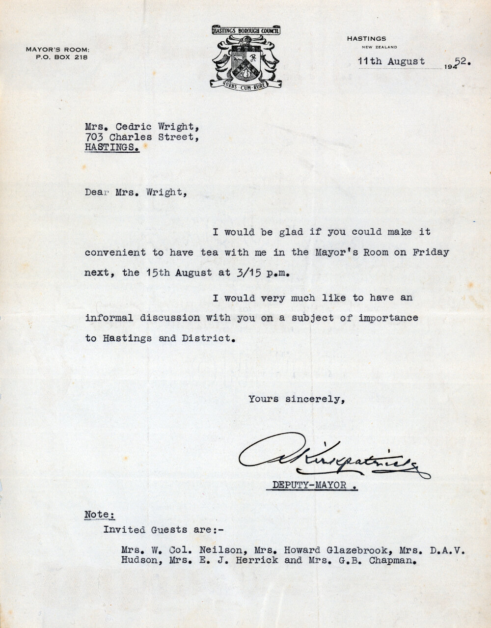 Letter to Mrs Cedric Wright