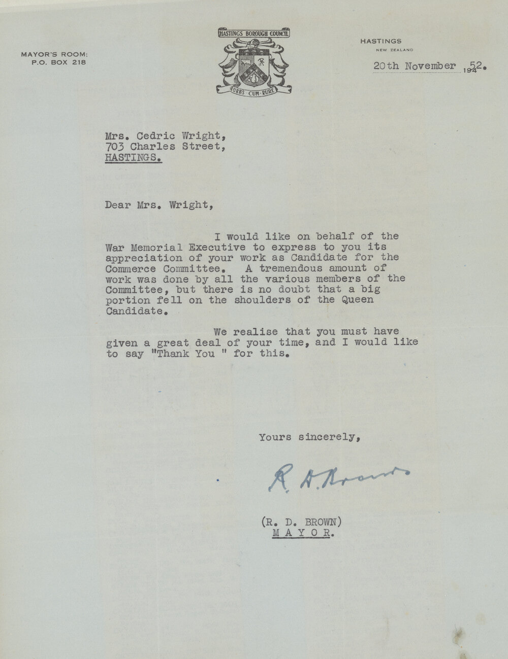 Letter of Appreciation from Mayor Brown