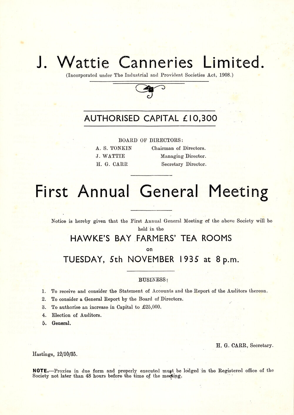J. Wattie Canneries First Annual General Meeting