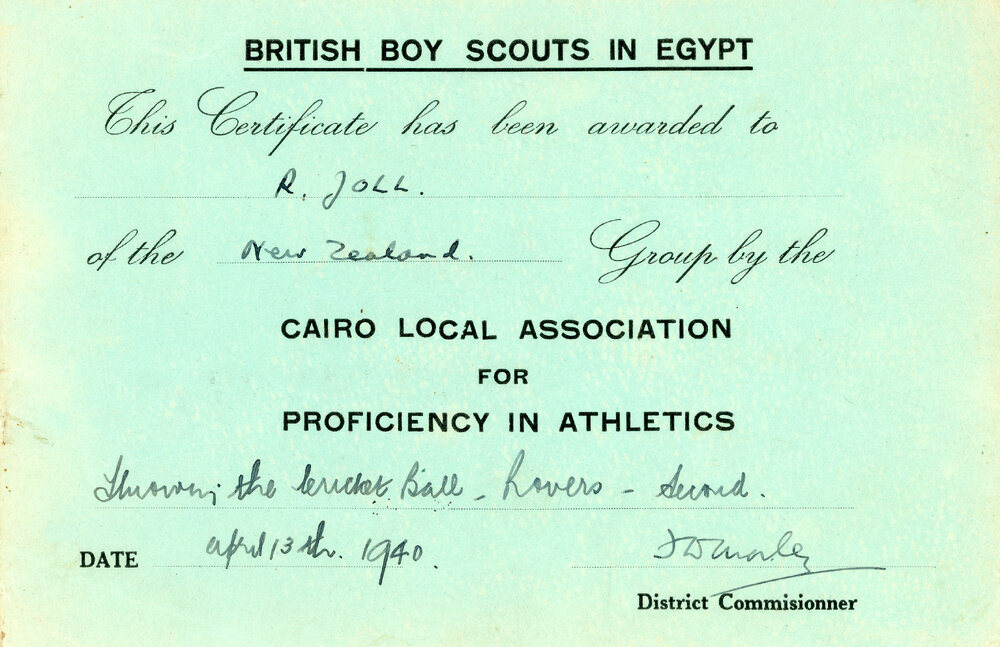 British Boy Scouts in Egypt Certificate for Throwing Cricket Ball, R. Joll 1940.