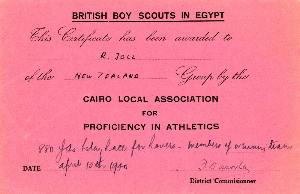 British Boy Scouts in Egypt Certificate for 880 Yards Relay Race, R. Joll 1940.