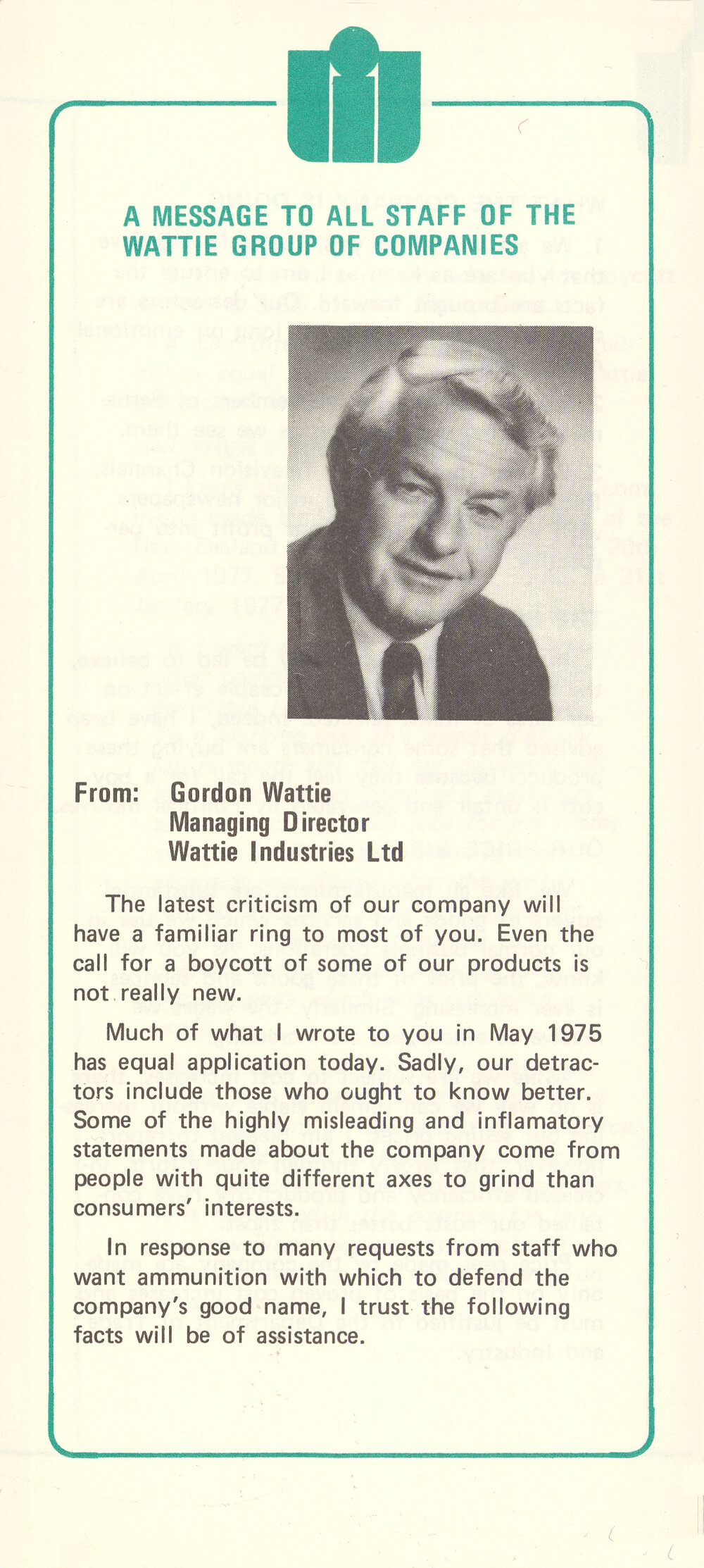 Wattie's Staff Message