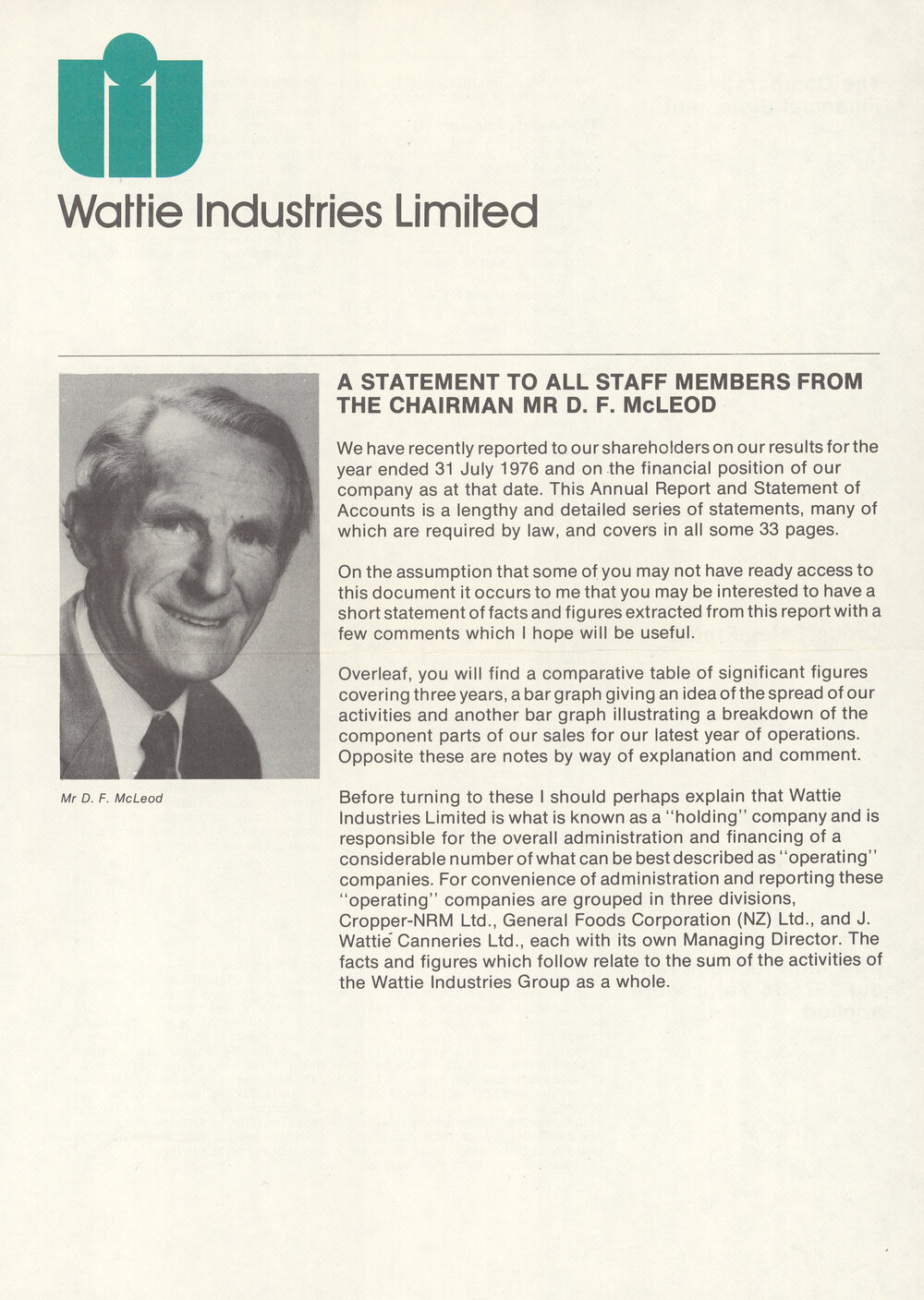 Wattie Industries Statement to Staff