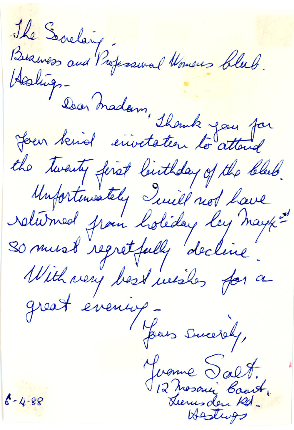 RSVP Letter to Hastings Club