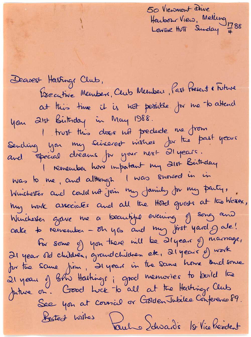 Letter to Hastings Club