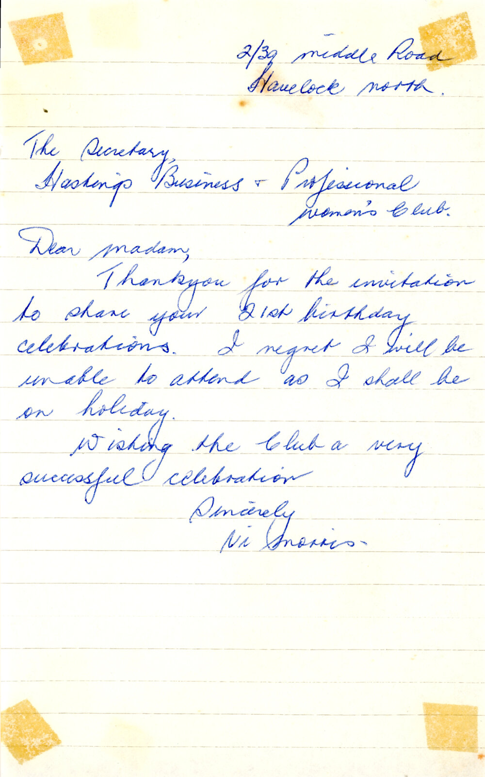 RSVP Letter to Hastings Club