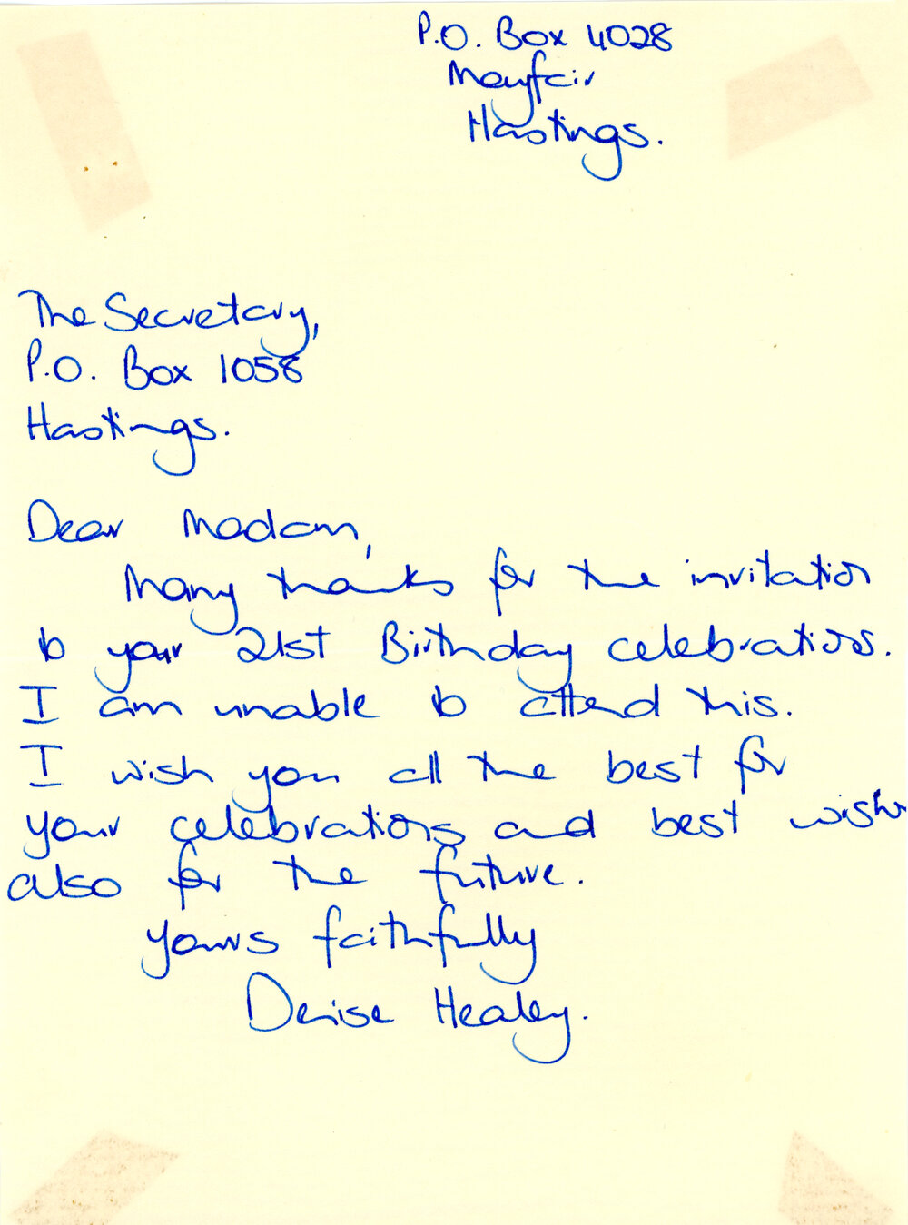 RSVP Letter to Hastings Club