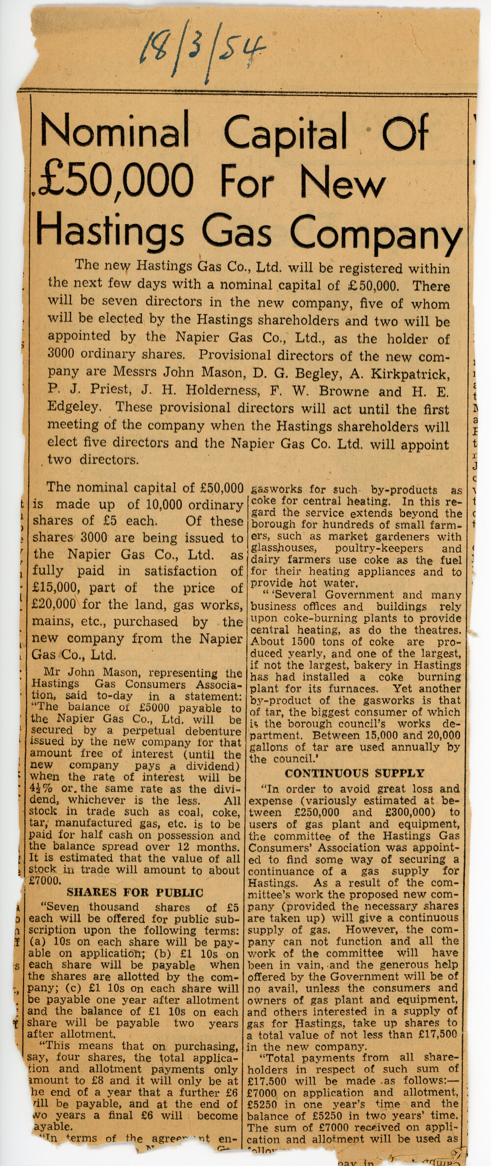 Hastings Gas Company Newspaper Clipping