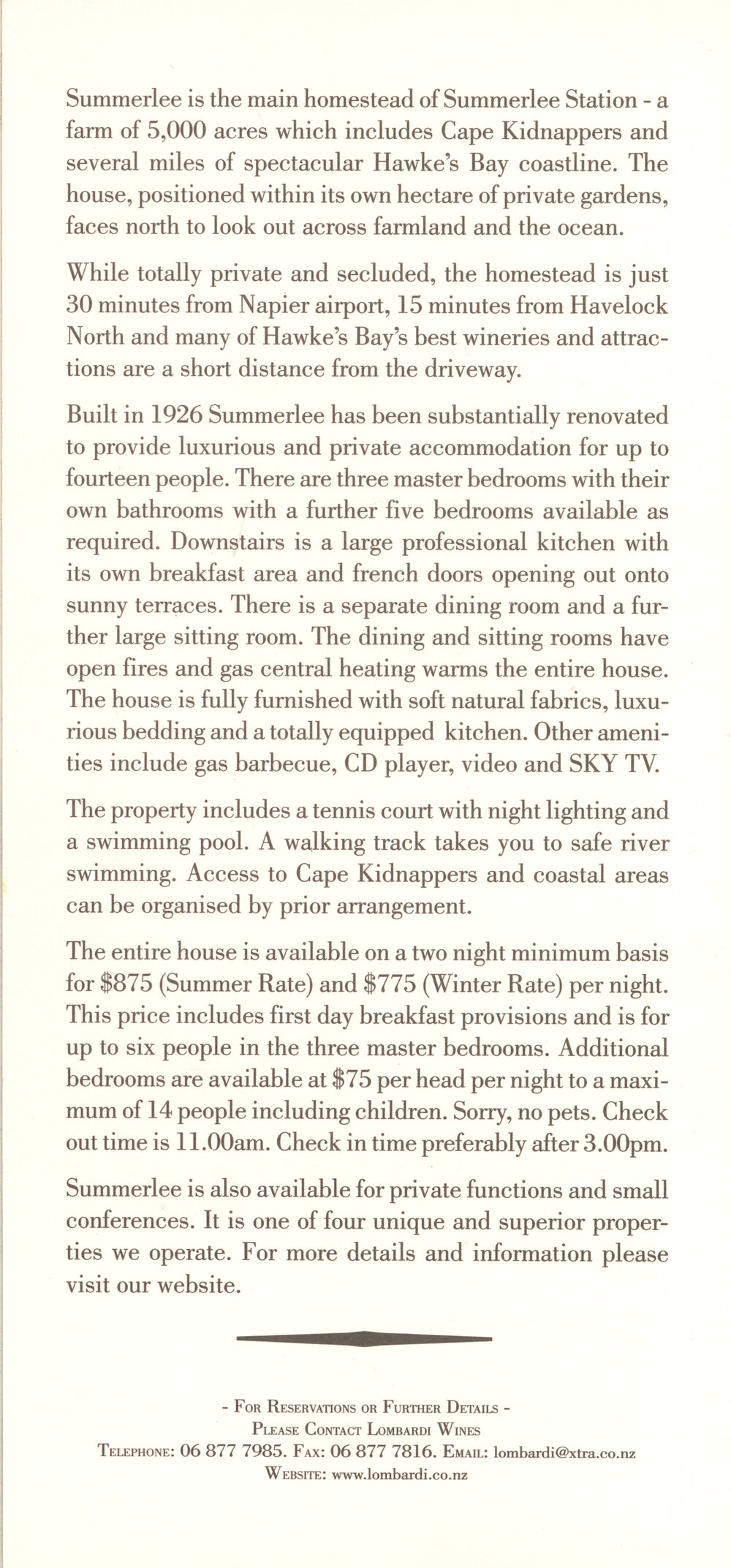 Lombardi Wines Accommodation Leaflets