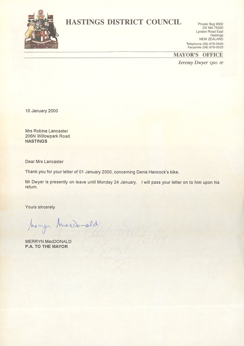 Letter from the Mayor's Office