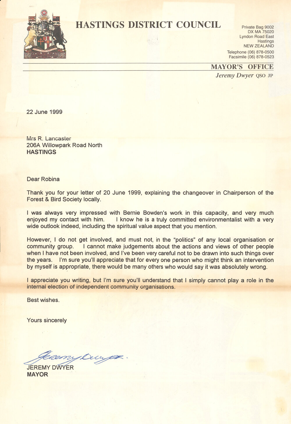 Letter from Mayor Jeremy Dwyer