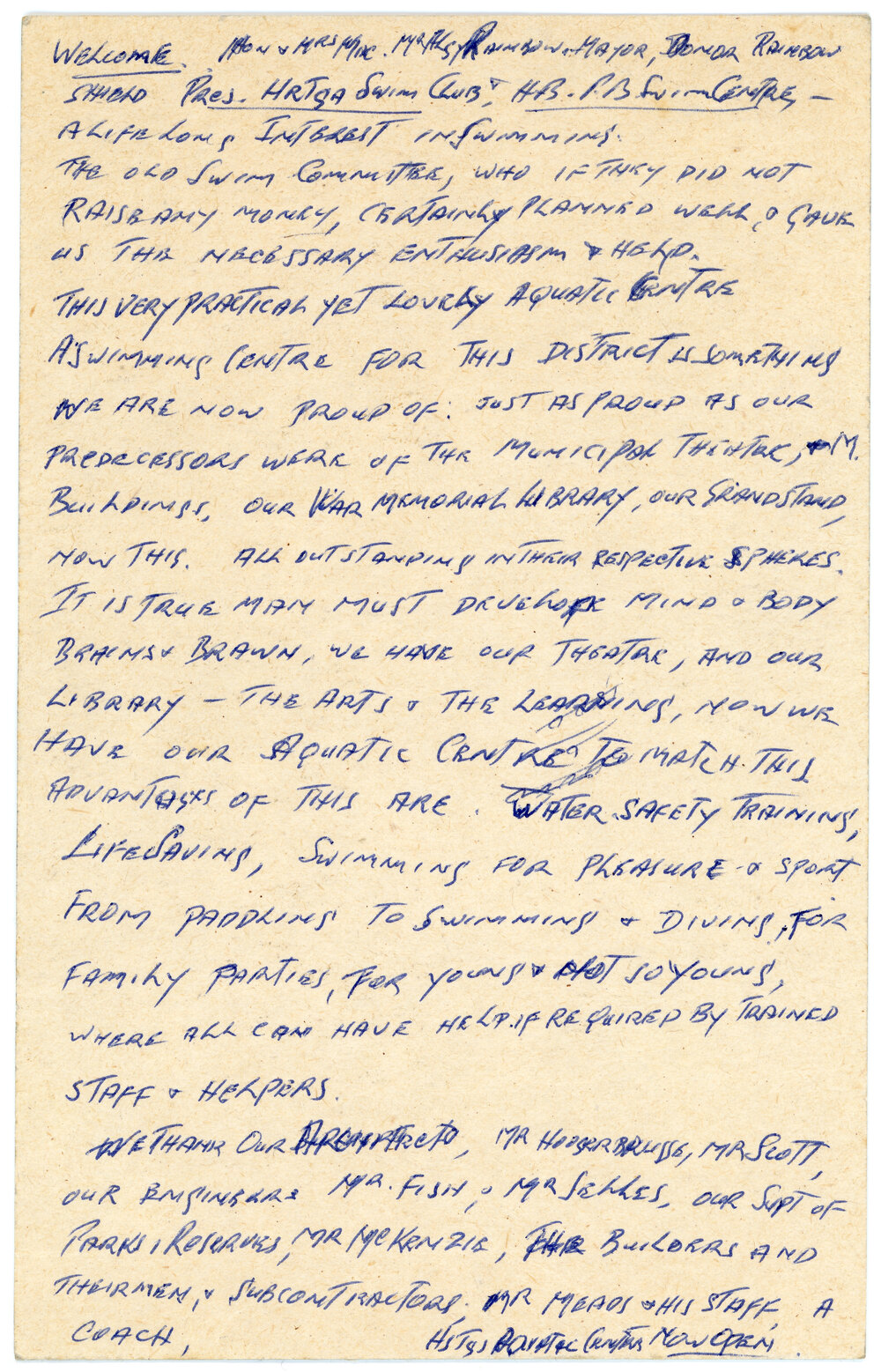 Speech Notes for Pool Opening