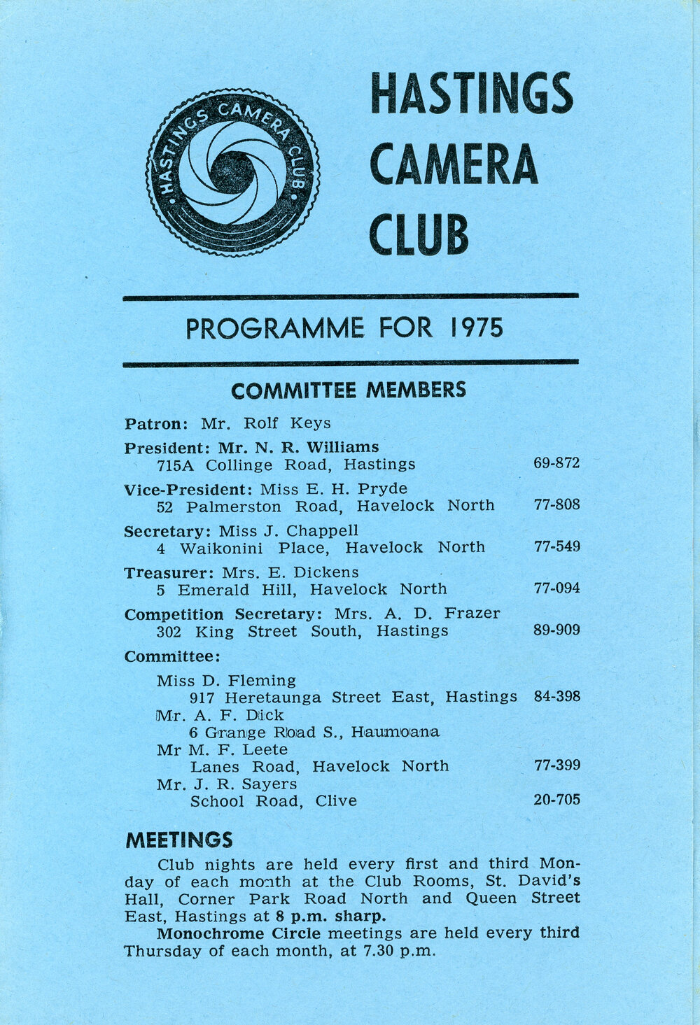Hastngs Camera Club Programme 1975