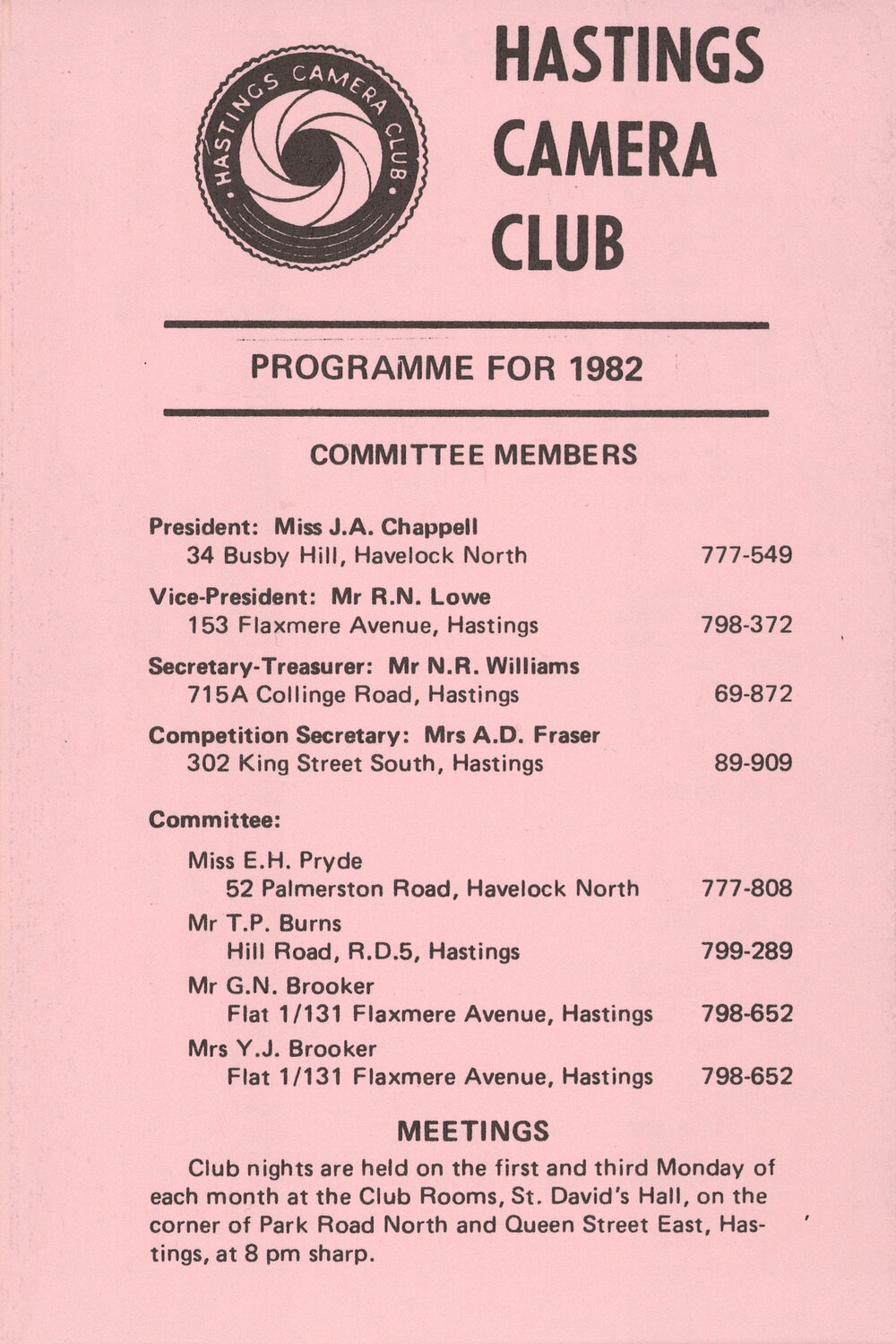 Hastings Camera Club Programme 1982