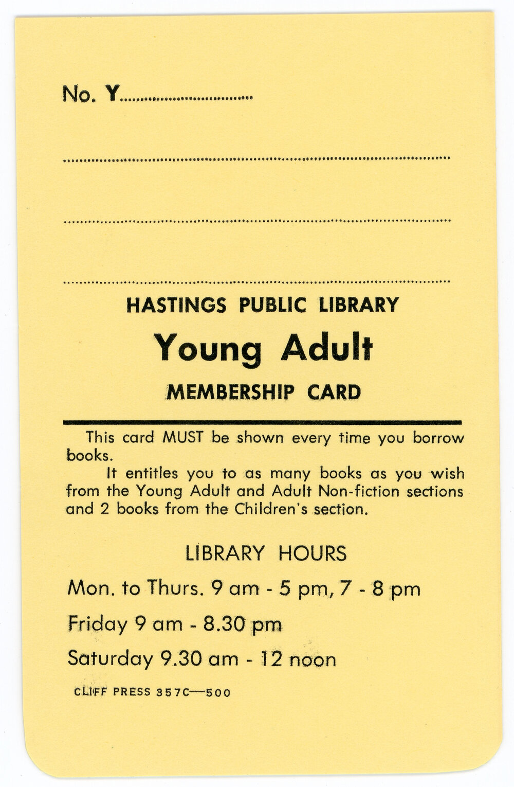 Hastings Library YA Membership Card