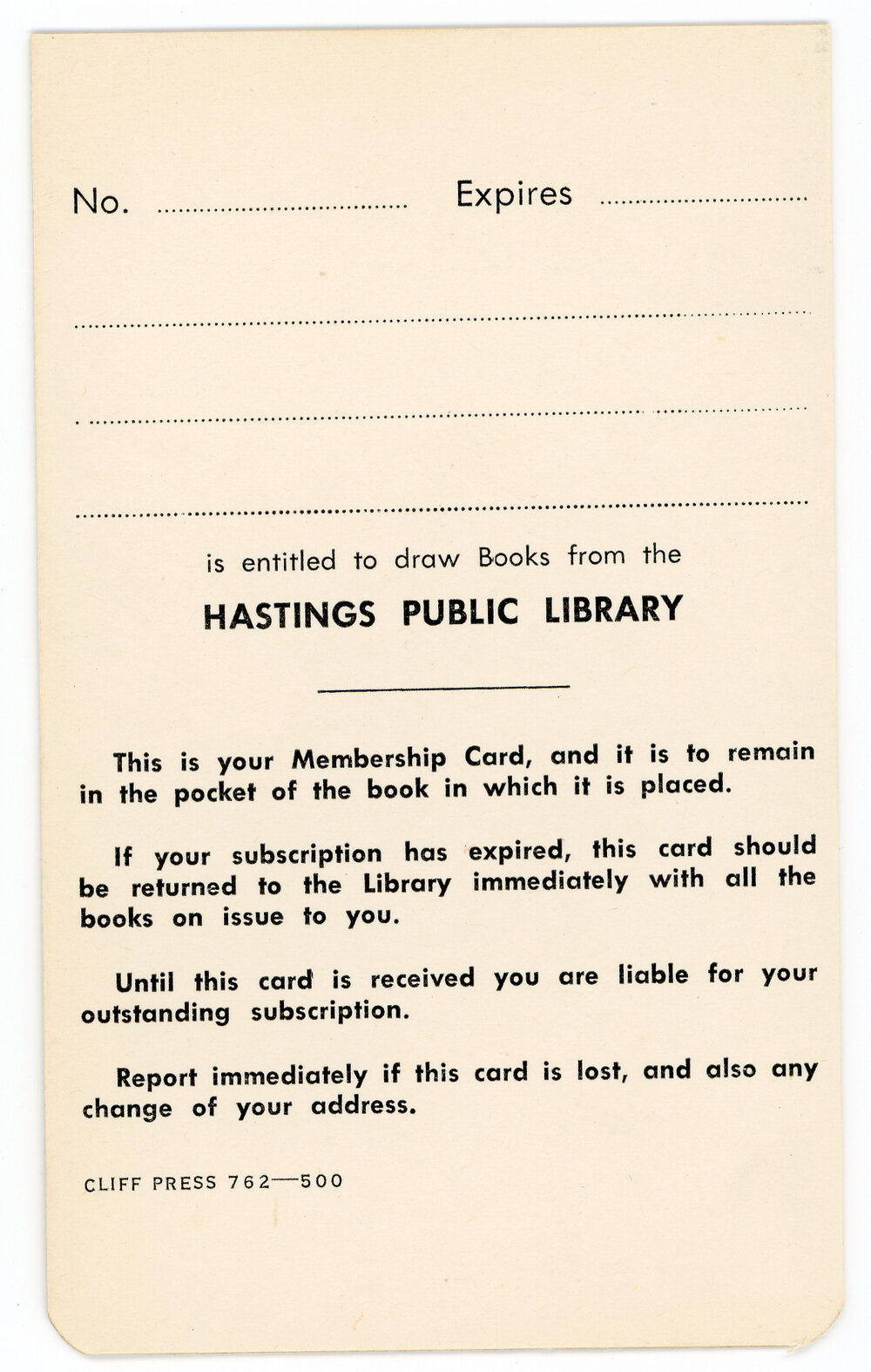 Hastings Public Library Card
