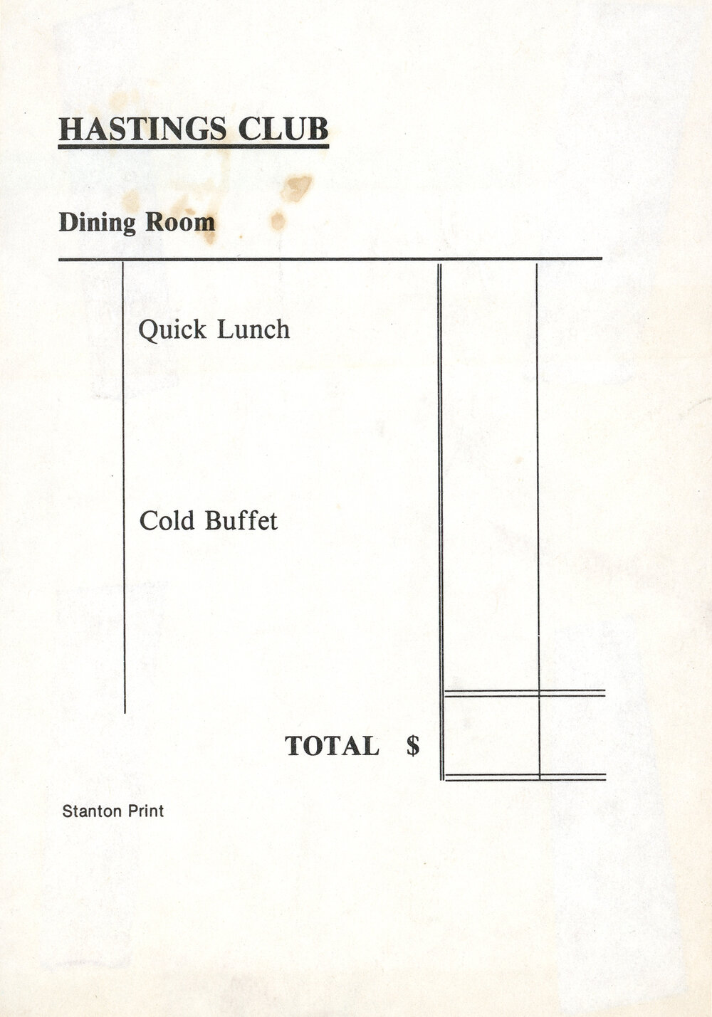 Hastings Club Dining Room Receipt