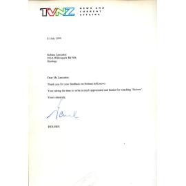 Letter from TVNZ