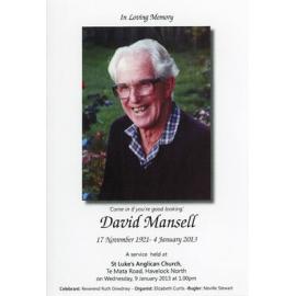 Funeral Service Programme for David Mansell