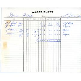 Wages Sheet for Dance Recital