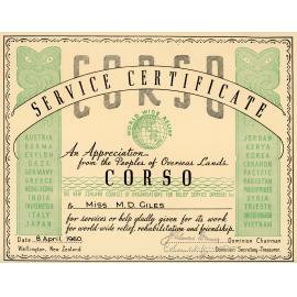 CORSO Service Certificate awarded to Miss M.D. Giles