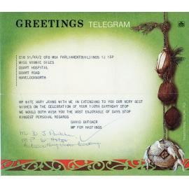 Greetings Telegram to Miss Minnie Giles