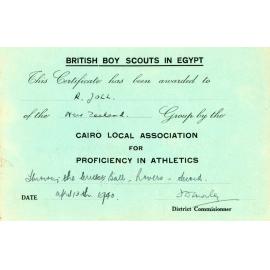 British Boy Scouts in Egypt Certificate for Throwing Cricket Ball, R. Joll 1940.