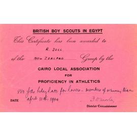 British Boy Scouts in Egypt Certificate for 880 Yards Relay Race, R. Joll 1940.