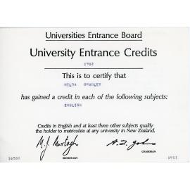 University Entrance Credits in English for Hilda Bradley, 1982