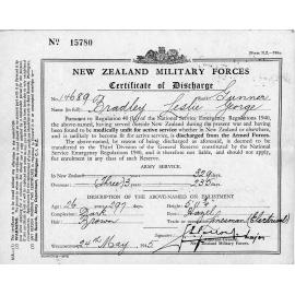New Zealand Military Forces Certificate of Discharge for Bradley Leslie George