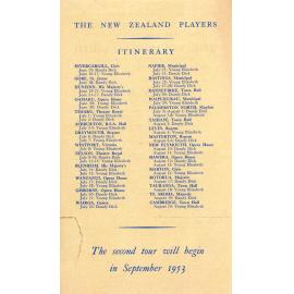 New Zealand Players Itinerary, September 1953