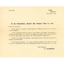 Letter from T. S. Ellingham to the Shareholders of Hawke's Bay Farmers' Meat Company Ltd