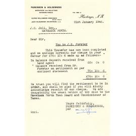 Letter from Parkinson and Holderness to J. H. Joll Regarding Land Transfer Settlement to J. E. Forster