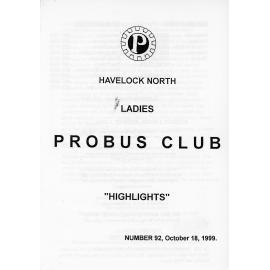 Ladies Probus Club of Havelock North "Highlights" Number 92. 18 October 1999