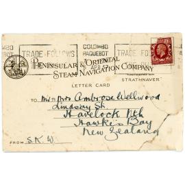 P & O Ship 'Strathnaver' Lettercard from Sue K. W. to Mr and Mrs Ambrose Wellwood