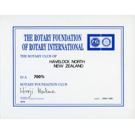 700% certificate for the Rotary Club of Havelock North