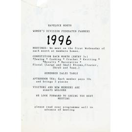 Monthly Meeting Programme of Havelock North WDFF, 1996