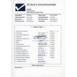 Agenda for Te Mata Toastmasters Meeting